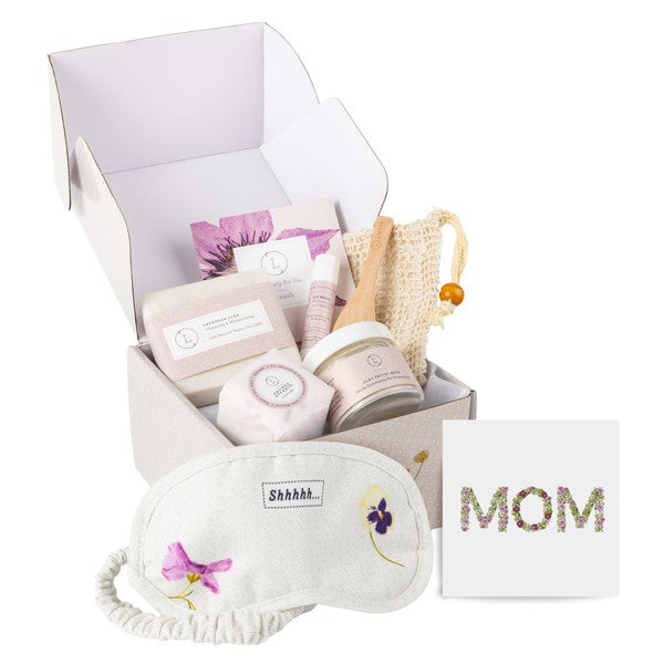 Cute Lavender Gift Set. All Natural Bath Set includes:
* Lavender Soap Bar (full size)
* Facial clay mask
* Bath Bomb
* Shower steamer
* Natural Lip Balm
* Soap saver
* Gorgeous designed box(5''x5'x3'')